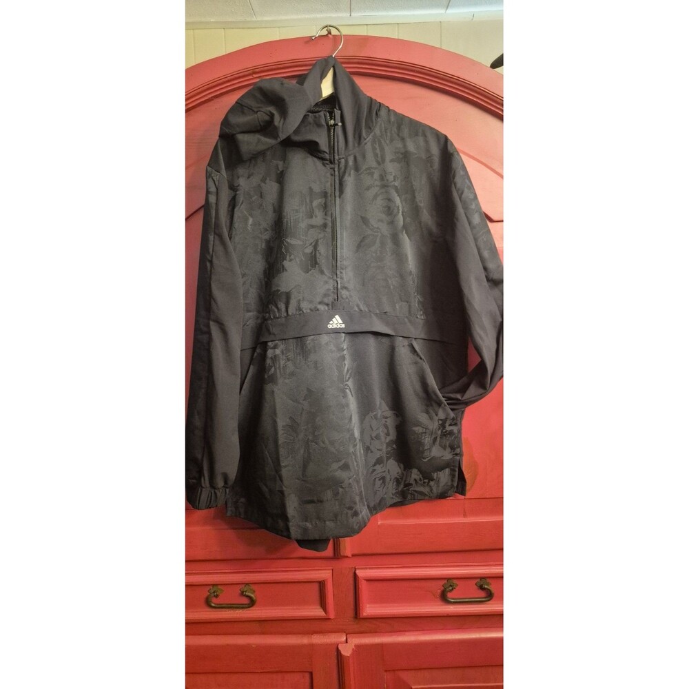 Adidas Size XL 1/2 Zip Jacket Floral Embossed All Black Windbreaker Hooded EUC